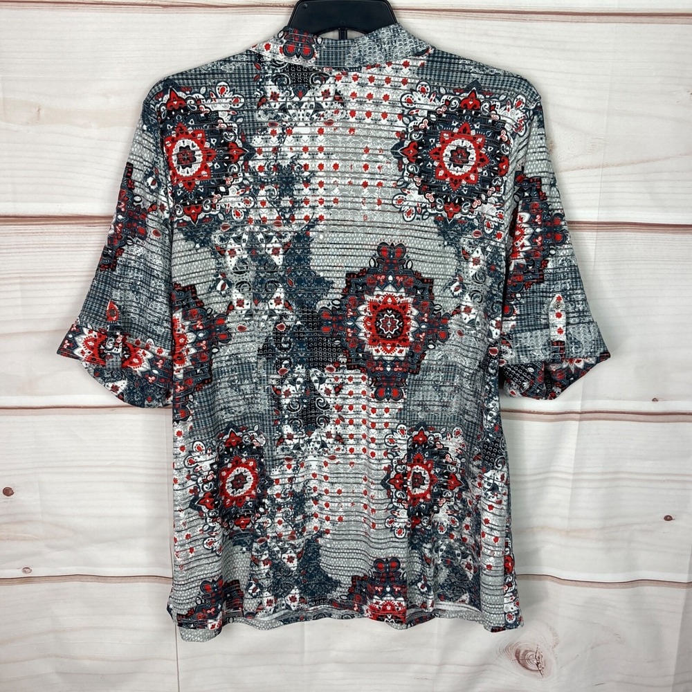 CD Daniels Top Women 1X Gray Red Mandala Print Blouse Knit Henley Collar Stretch - Picture 5 of 6
